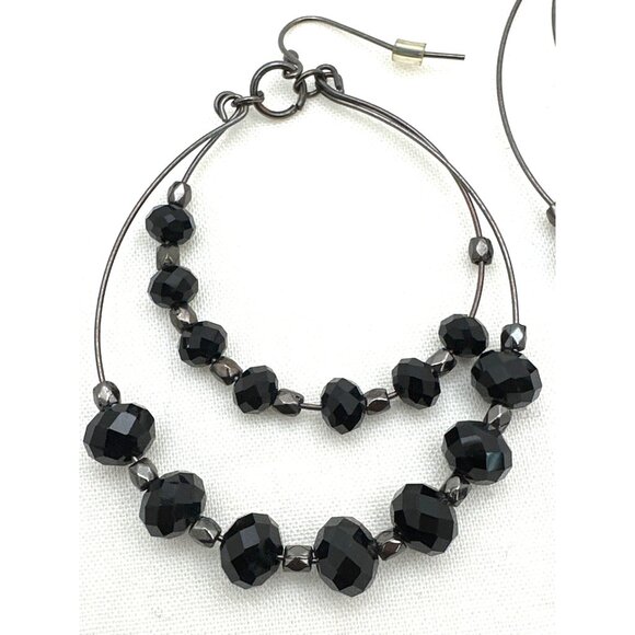 Boho Black Faceted Bead Cascade Hoop Earrings Sparkling Whimsigoth Retro Chic - Picture 2 of 3